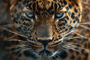 Close Up of a Leopards Face With Blue Eyes photo