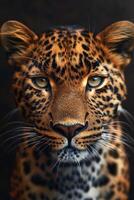 Close Up of a Leopards Face on a Black Background photo