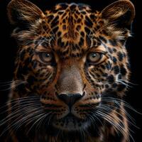 Close Up of a Leopards Face on a Black Background photo