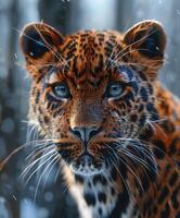 Close Up of Leopards Face With Blurry Background photo
