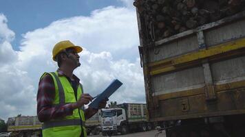 Asian male inspector counting sticks on truck Environmental wood industry concept video