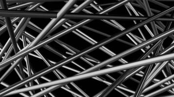 Silver metallic background with tangled straight stripes on a black background, seamless loop. Motion. Slowly moving tube like lines, monochrome. video