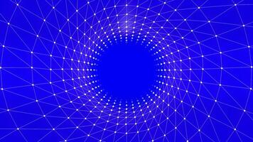 Abstract blue background with white dots and lines creating a tunnel effect. Motion. Technological round shaped corridor. video
