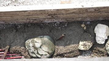 Construction, Worker Hands smooth wet cement in wooden frame at a construction site during daytime to ensure an even surface video
