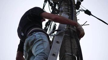 Skilled electrician fixes wires standing on ladder near high pole against blue sky on summer day backside view. Electrical service and mounting on the pole video