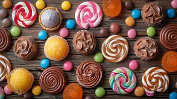 Top view sweet different types of colorful candy and lollypops photo
