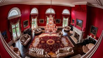 Majestic Red Living Room with Extravagant Chandelier photo