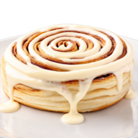 Cinnamon roll with gooey spiral layers cream cheese frosting soft and fluffy texture Culinary png