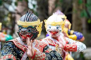 The performance of Thai traditional drama story Khon epic, Ramakien or Ramayana with Hanuman white monkey and others. photo