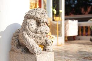 Asian white stone lion statue Chinese vintage style in front of temple on the blur background. photo