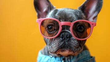 The super cute dog, Hea, is funny, dressed up and wearing glasses. photo