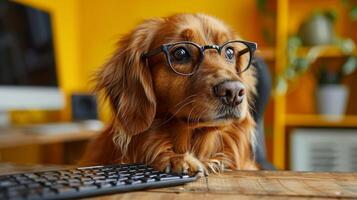 The super cute dog, Hea, is funny, dressed up and wearing glasses. photo