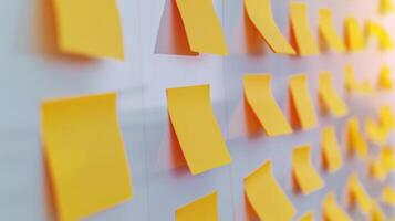 Blank yellow paper taped to the wall for writing messages. photo