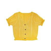 Flatlay A light yellow knitwear crop top portrait, photo, creates a fresh look. Its use as a commercial preview item on white background. Clipping Paths. photo