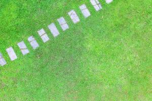Topview garden path made of stone which is surrounded by green grass in a large lawn. photo
