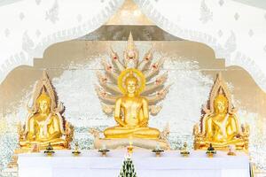 Naga Prok Buddha image sitting cross legs with legs locked together and having a King of Nagas behind it. photo