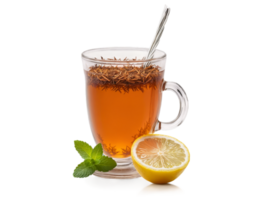 South African Rooibos Tea in clear glass garnished with slice of lemon and sprig png