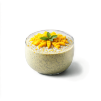 Mango chia pudding creamy white base swirled with vibrant mango puree topped with fresh mango png