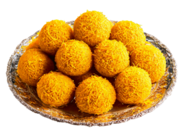 Laddu with Saffron Strands Round laddus adorned with saffron strands served on a glass platter png