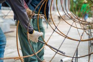 Blacksmith Technicians are welding several curve wires to form a structure. photo
