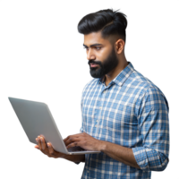 Man with a beard and checkered shirt using a laptop on transparent background png