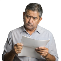 Pensive man reading a document, looking concentrated on transparent background png