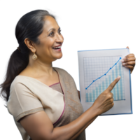 Woman in traditional attire holding a chart, explaining data with a smile on transparent background png
