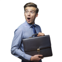 Astonished young man holding a briefcase, looking sideways on transparent background png