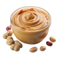 Creamy peanut butter in a jar with scattered peanuts on a transparent background png