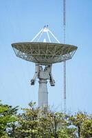 parabolic antenna satellite dish located in front of telecommunication tower with a clear blue sky in the background. photo
