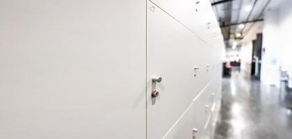 Large gray locker with each locker closed located beside corridors inside building are dimly lit. photo