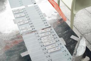 ATK results are place arranged on a paper number list on stainless silver table. photo