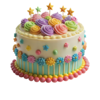 Birthday cake adorned with candles, frosting, and sprinkles, colorful and festive, isolated on a transparent background. png
