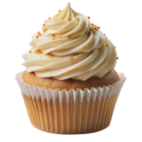 Close-up of a vanilla cupcake with swirled frosting and colorful sprinkles, in a white wrapper, on a transparent background. png