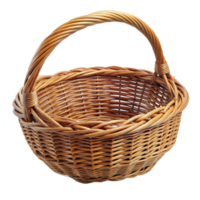 Empty wicker basket with a sturdy handle, isolated on a transparent background. png