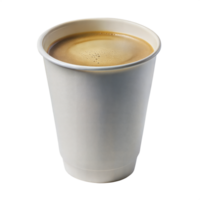 Cup of coffee with a light brown frothy top, in a disposable white cup, on a transparent background. png