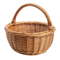 Handcrafted wicker basket with a curved handle, isolated on a transparent background. png