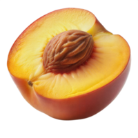 Halved peach with the pit exposed, showing juicy flesh and texture, isolated on a transparent background. png