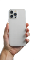 Hand holding a modern smartphone with a white case, displaying the back camera and sleek design against a transparent background. png