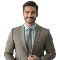 Smiling man in a light brown suit with a blue tie and white shirt, hands clasped confidently, against a transparent background. png