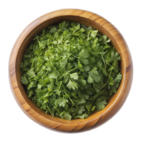 Top view of a bowl containing freshly chopped green parsley leaves, isolated on a transparent background. png