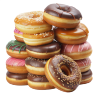 Stack of assorted colorful donuts with various toppings, isolated on a transparent background. png