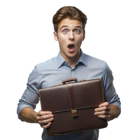 Surprised young man holding a briefcase, looking astonished on transparent background png