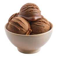 Bowl of chocolate ice cream scoops with a smooth texture, isolated on a transparent background. png
