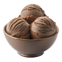 Three scoops of chocolate ice cream in a bowl, smooth and creamy, isolated on a transparent background. png