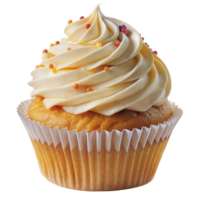 Vanilla cupcake with creamy frosting and sprinkles in a white wrapper, on a transparent background. png