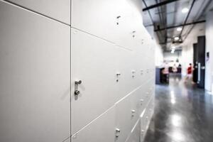 Large gray locker with each locker closed located beside corridors inside building are dimly lit. photo
