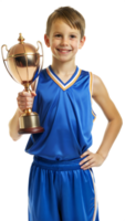 Smiling boy holding a golden trophy in a blue sports jersey on a transparent background png