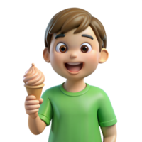 A happy boy holding an ice cream cone, smiling and wearing a green shirt, transparent background png