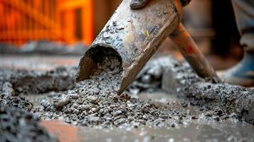 Close-up of concrete pouring work in construction work photo